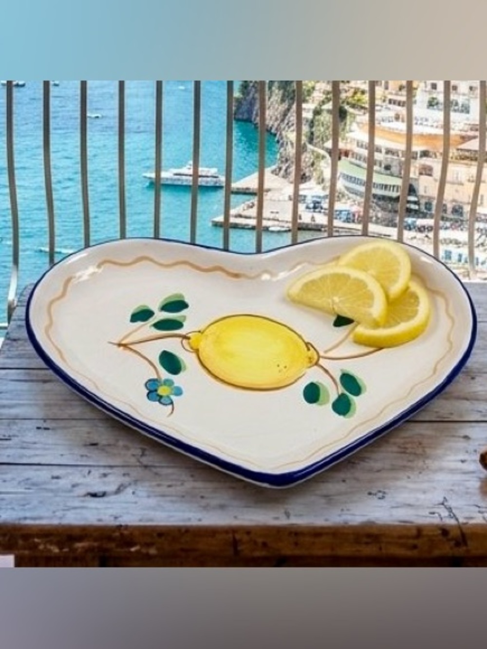 Vintage Hand-Painted Italian Heart Serving Dish with Yellow Lemon Motif